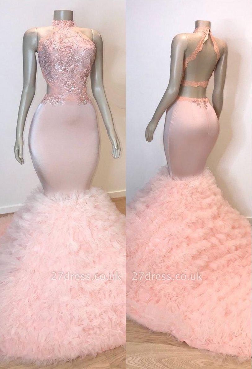 Sweet Pink Halter Sleeveless Elegant Trumpt Prom Dress UKes UK UK | Chic Open Back Lace Tulle Evening Dress UKes UK