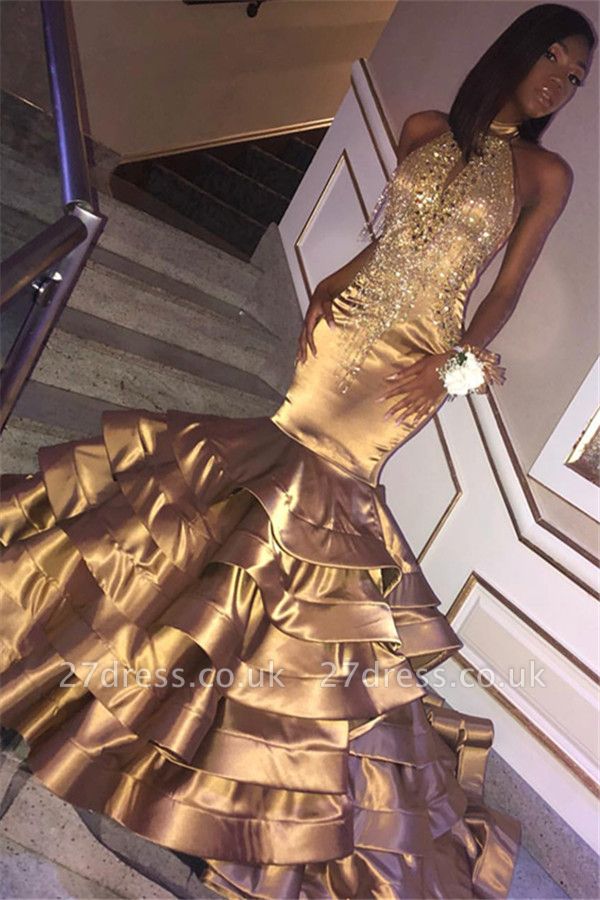 Amazing Gold Elegant Mermaid High Neck Sleeveless Ruffles Sparkly Crystal Prom Dress UKes UK UK