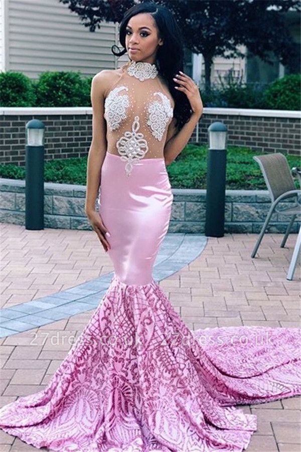 Elegant Pink Elegant Mermaid High Neck Sleeveless Sheer Tulle Applique Prom Dress UKes UK UK