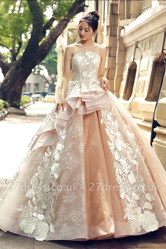 Applique Organza Strapless Ball Gown Sweep Train Prom Dress UK UK