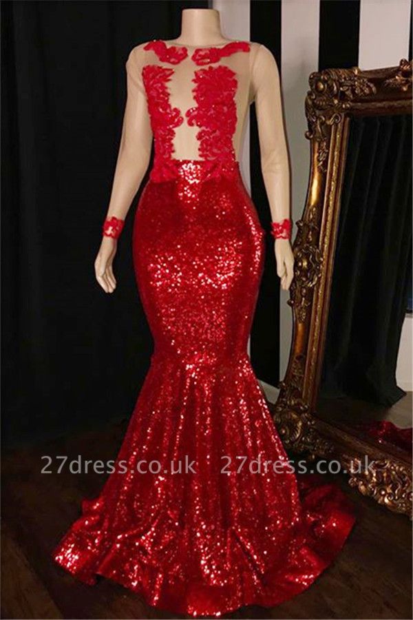 Long Sleeves Sequins Elegant Trumpt Prom Gowns | Simple Sheer Tulle Red Long Evening Dress UK