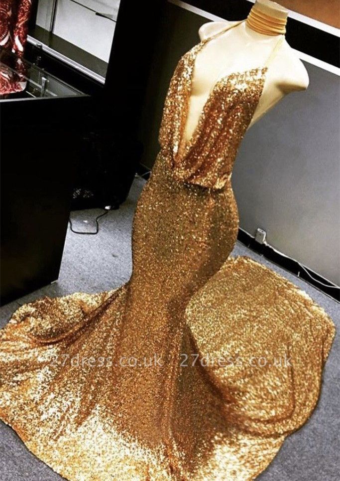 Gold Sparkly Sequined Deep Flow Neck Prom Dress UK | Halter V-neck Elegant Trumpt Evening Dress UK
