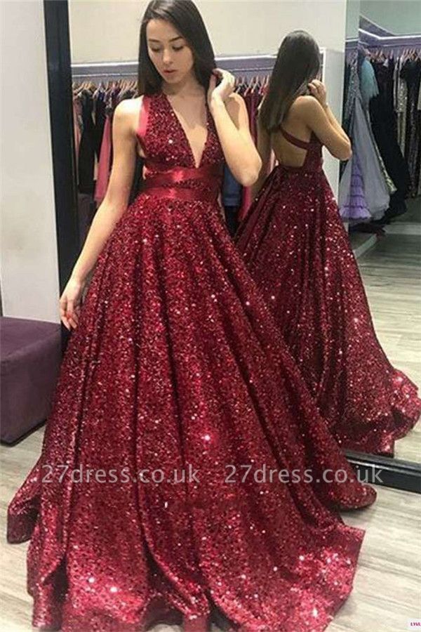 Sexy Alluring Deep V-neck Open-Back Prom Dress UKes UK UK | Elegant Halter Sequins A-Line Evening Dress UKes UK BC1055