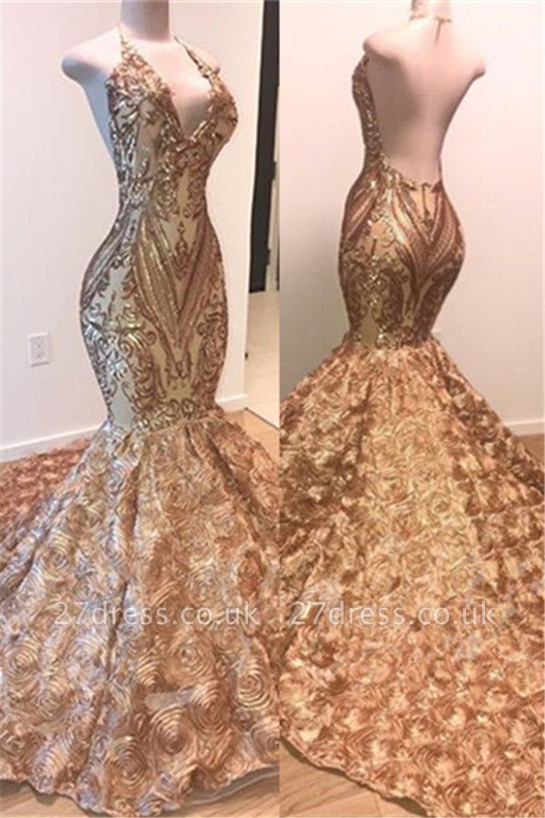 Simple Gold Sequins Sleeveless Prom Dress UK | Shiny Elegant Trumpt Evening Dress UKes UK With Florals Bottom