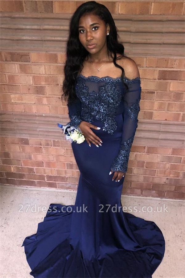 Navy Blue Lace Appliques Long Sleeveless Prom Dress UKes UK UK | Elegant Off The Shoulder Elegant Trumpt Evening Dress UKes UK
