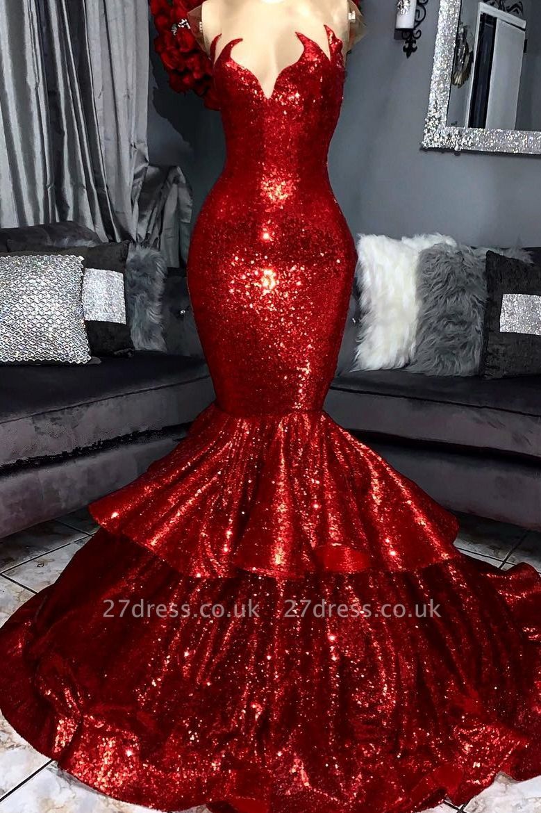 Shining Hot red Elegant Mermaid Prom Dress UK with Ruffles | Sexy Evening Gowns with shining details