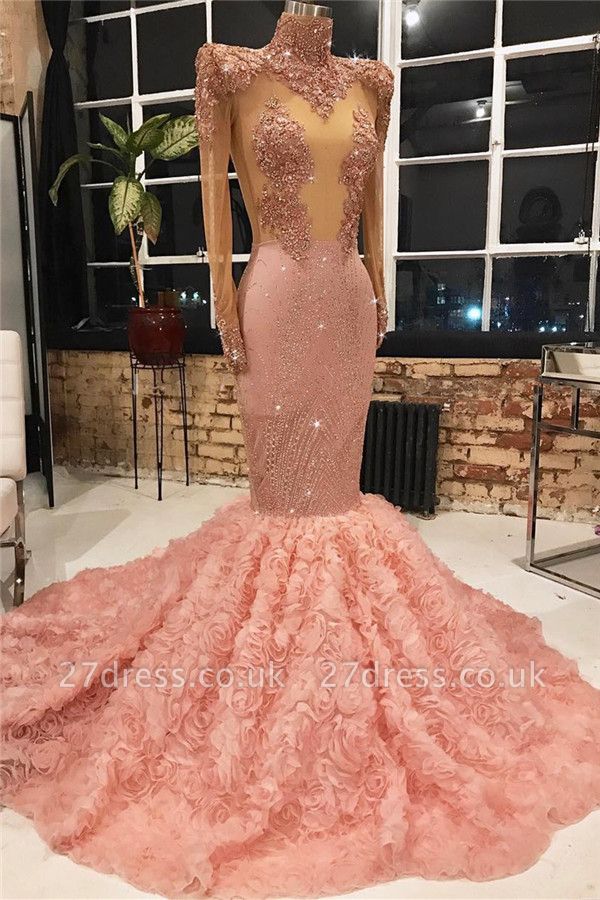 New Arrival Pink Elegant Mermaid High Neck Long Sleeves Flower Appiques Prom Dress UKes UK UK