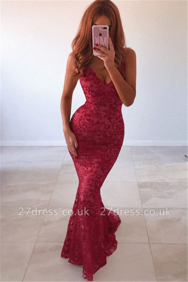 New Arrival Sexy V-Neck Lace Open Back Elegant Mermaid Prom Dress UKes UK UK