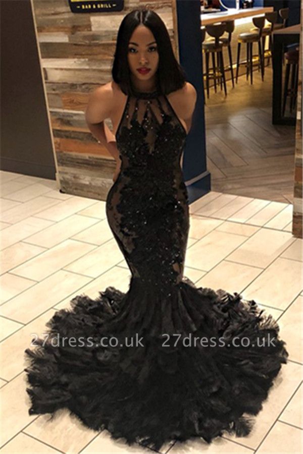 Sexy Timeless Black Elegant Mermaid Halter Sleeveless Open Back Applique Prom Dress UKes UK UK