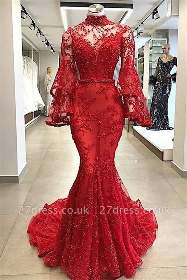 Luxury red High Neck Sheer Tulle Long Sleeves Beading Elegant Mermaid Prom Dress UKes UK UK