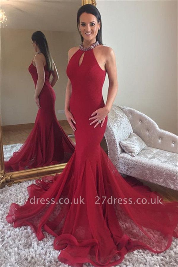 Sexy Elegant Mermaid High Neck Sleeveless Sparkly Crystal Prom Dress UKes UK UK