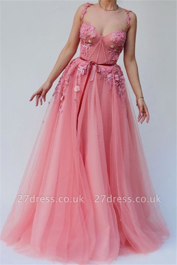 Pink Luxury A-line Spaghetti Tulle Flower Applique Prom Dress UKes UK UK