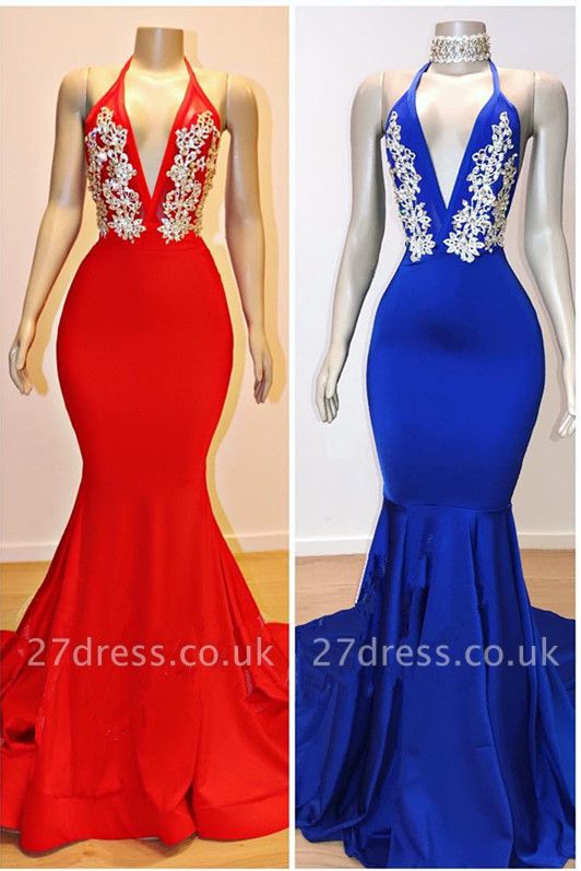 Sexy V-Neck Elegant Trumpt Lace Appliques Prom Dress UKes UK UK | Sexy Halter Sleeveless Evening Dress UKes UK