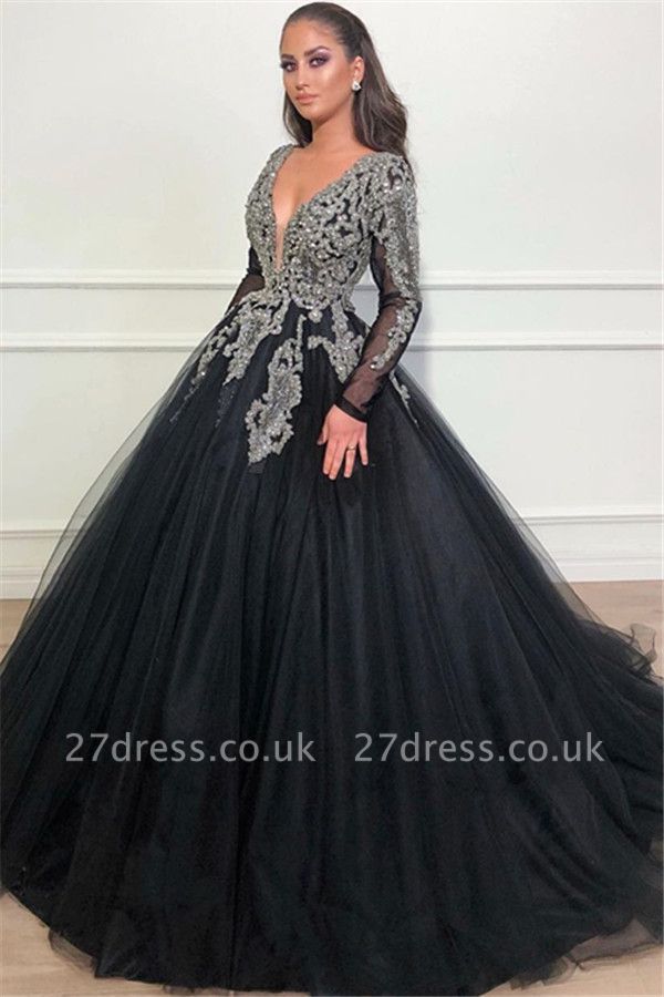 Timeless Black Ball Gown Seductive Deep Sexy V-Neck Long Sleeves Lace Appliques Overskirt Affordable Evening Dress UKes UK UK