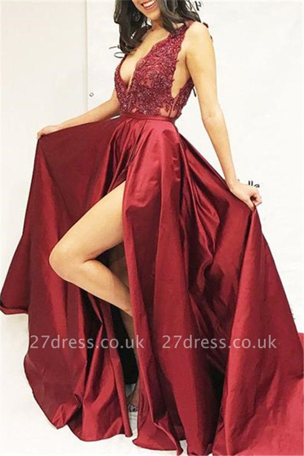 Burgundy Maroon A-line Sleeveless Sexy V-Neck Applique Side Slit Prom Dress UKes UK UK
