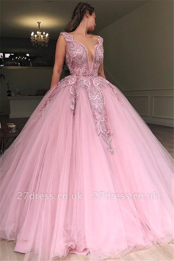Amazing Pink Ball Gown Seductive Deep Sexy V-Neck Sleeveless Applique Affordable Evening Dress UKes UK UK