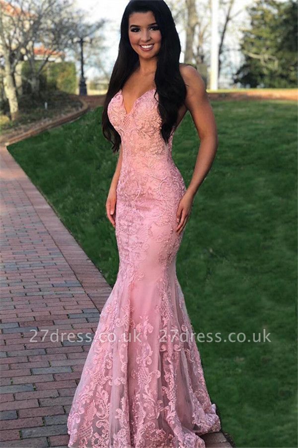 Pink Luxury Elegant Mermaid Sleeveless Lace Applique Prom Dress UKes UK UK