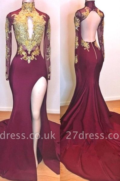 Wine Red Maroon Gold Lace Appliques Evening Dress UKes UK | Long Sleeves Side Slit Open Back Elegant Trumpt Prom Dress UKes UK UK