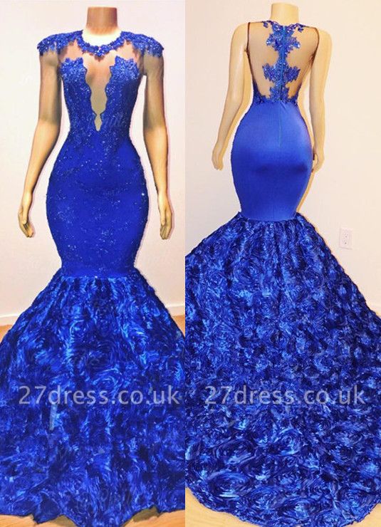 Elegant Royal Blue Florals Elegant Trumpt Prom Dress UKes UK UK | Lace Appliques Sleeveless Sheer Evening Dress UK BC1059
