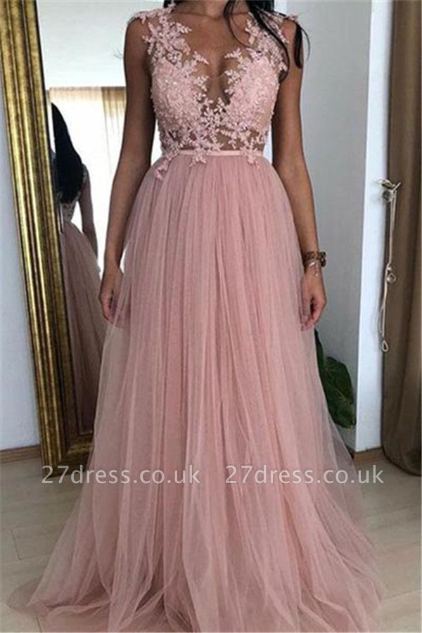 Sexy Pink A-line Sleeveless Tulle Applique Prom Dress UKes UK UK