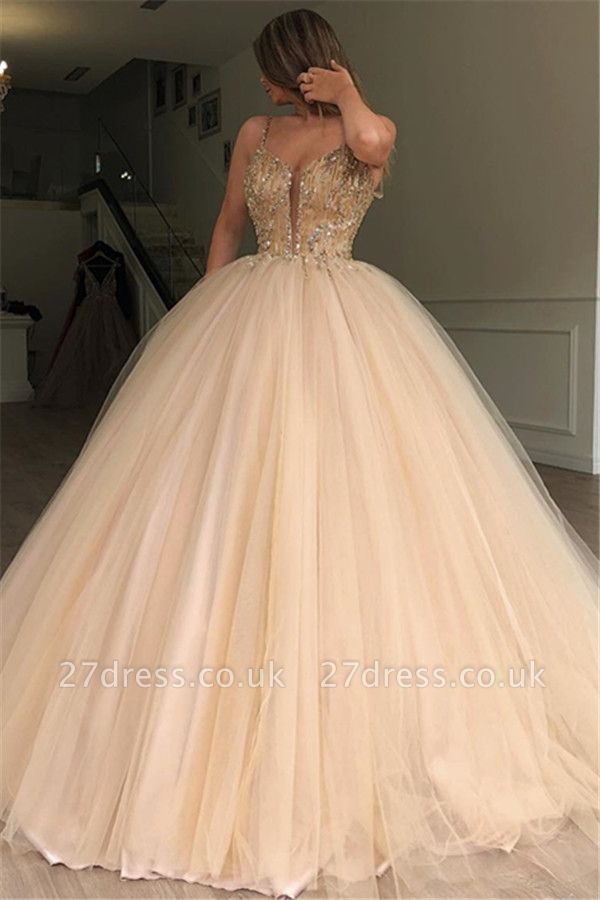 Sexy Ball Gown Spaghetti Straps Sleeveless Beads Champagne Bridal Gowns