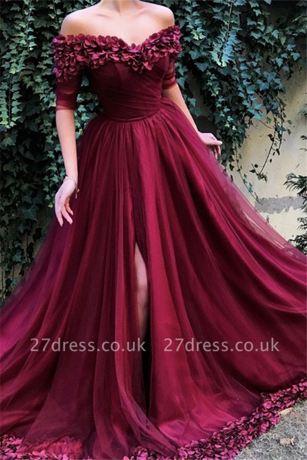 Burgundy Maroon A-line Off The Shoulder Tulle Flower Applique Prom Dress UKes UK UK