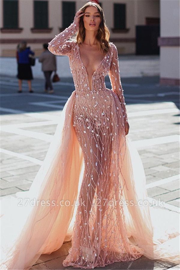 Sexy Pink Elegant Mermaid Seductive Deep Sexy V-Neck Long Sleeves Sparkly Crystal Prom Dress UKes UK UK With Detachable Skirt