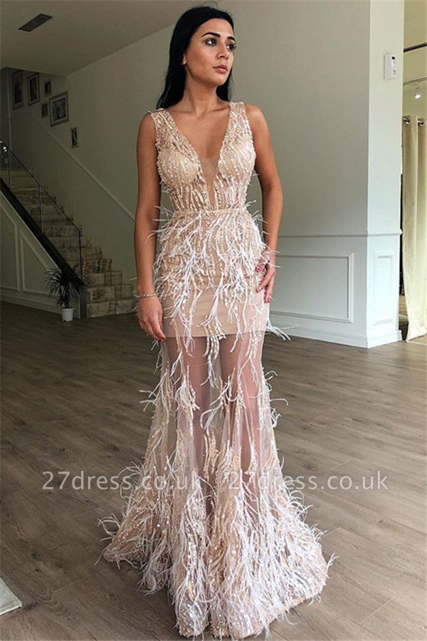 Luxury A-Line Sleeveless Sheer Tulle Luxury Feather Prom Dress UKes UK UK