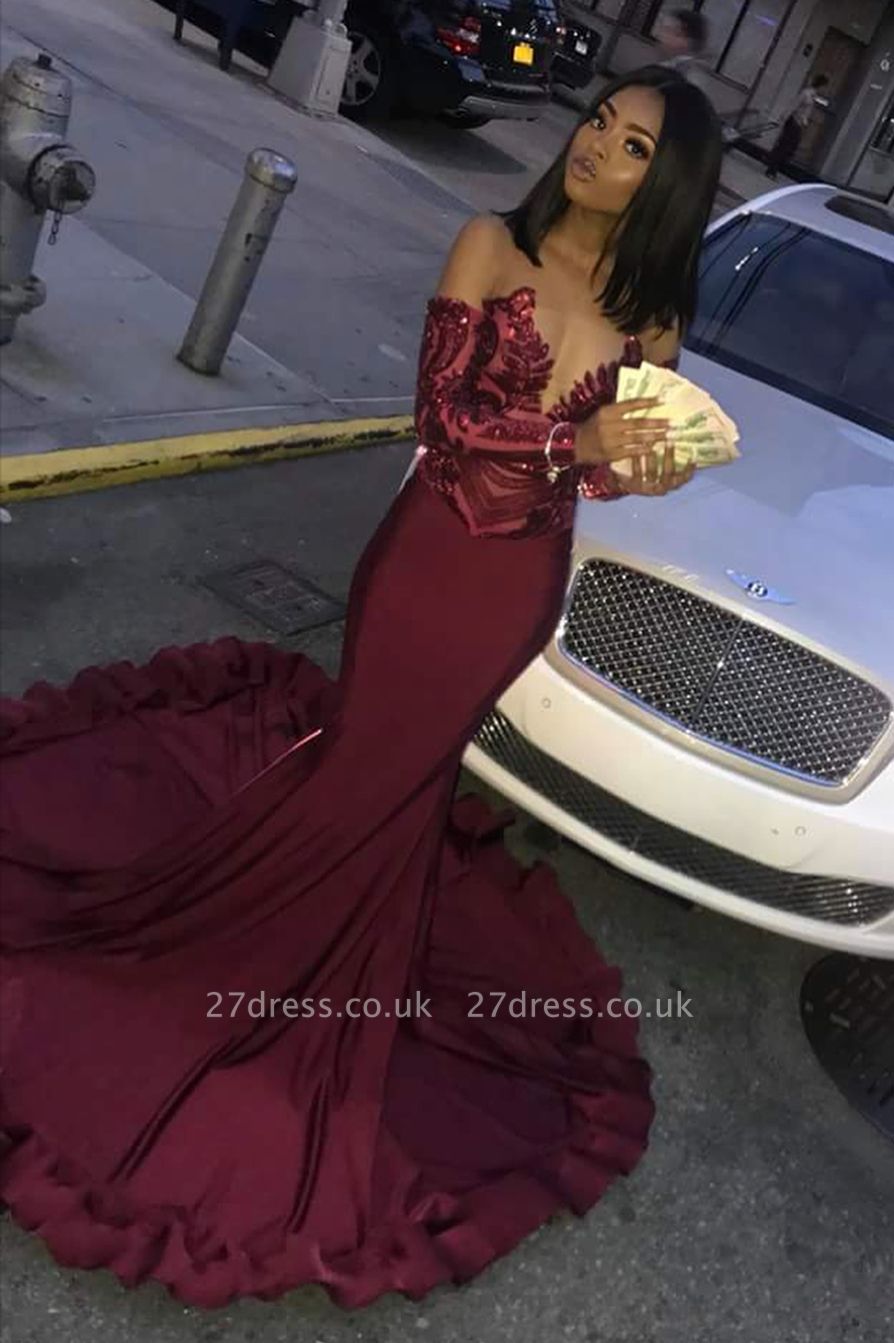 Elegant Wine Red Maroon Sequins Elegant Trumpt Prom Dress UKes UK UK | Sexy Long Sleeves Evening Dress UKes UK On Sale
