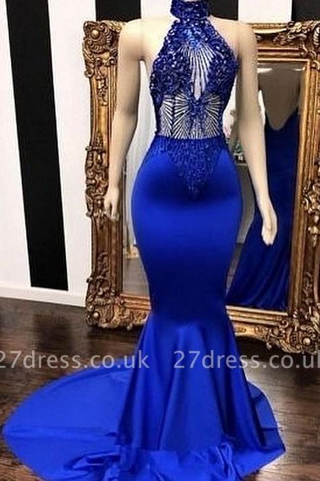 Royal Blue Halter Sleeveless Lace Beading Elegant Trumpt Long Prom Dress UKes UK UK