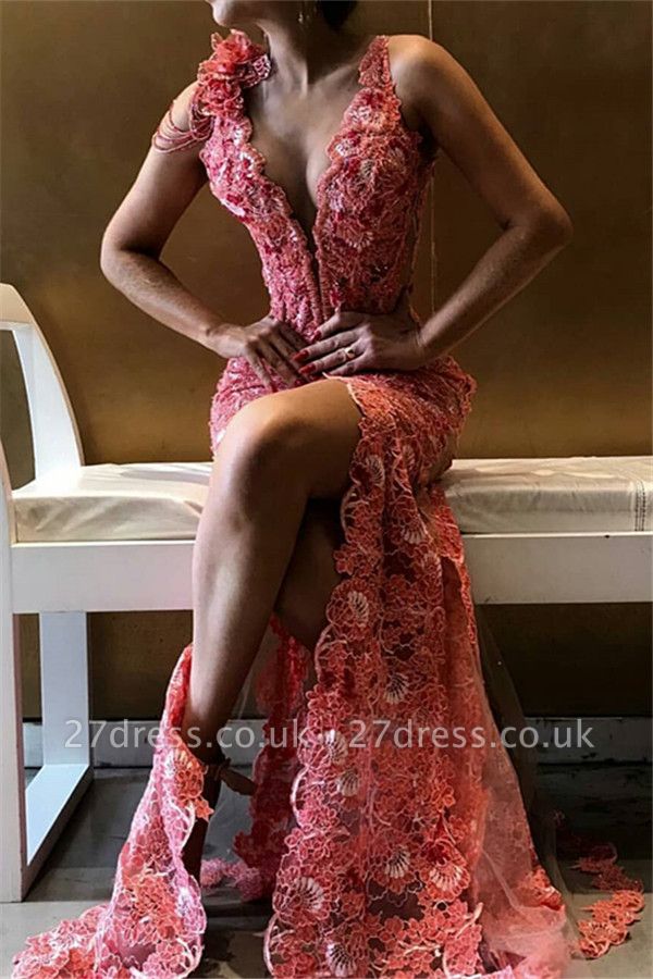 Luxury Sexy V-Neck Flower Side Slit Sleeveless Prom Dress UKes UK UK
