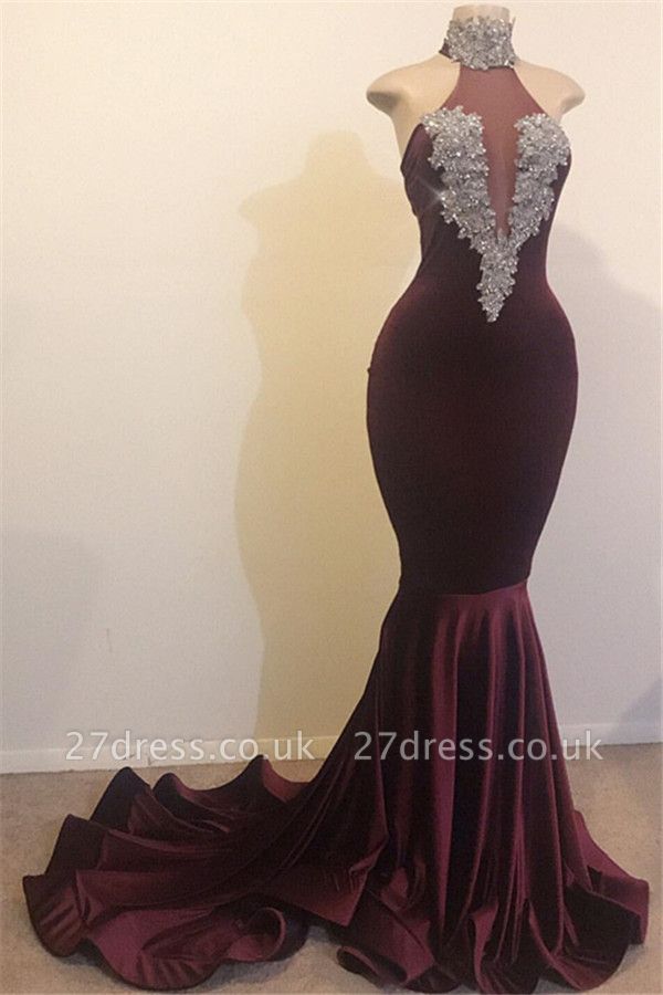 Burgundy Maroon Elegant Mermaid High Neck Velvet Prom Dress UKes UK UK
