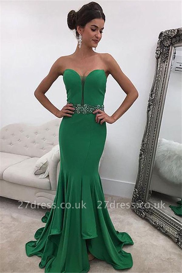 Green Sweetheart Crystal  Prom Dress UKes UK Ruffles Mermaid Sleeveless Evening Dress UKes UK