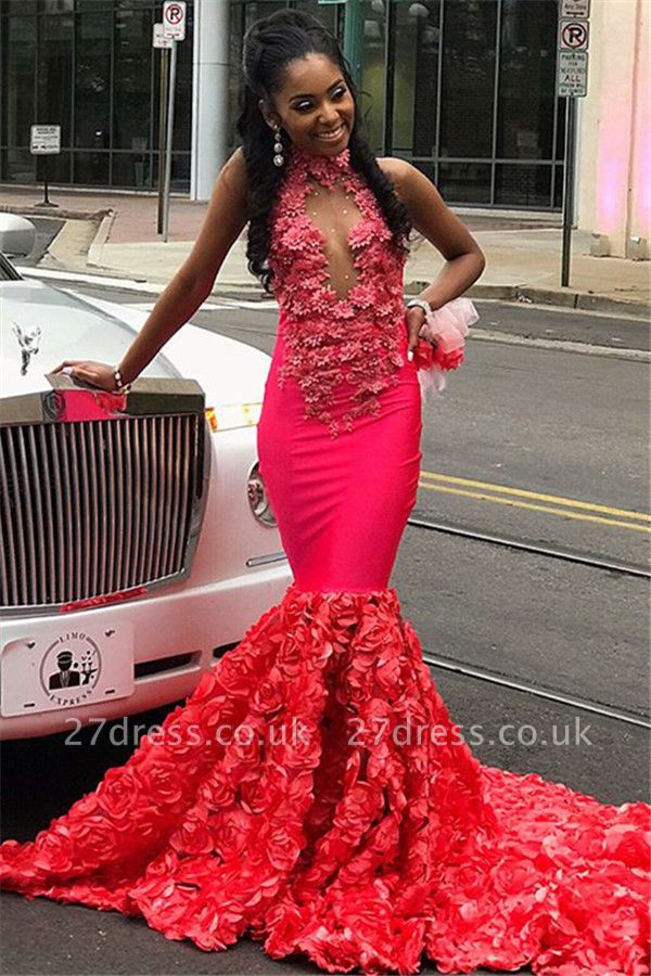 Luxury Halter Floral Lace Applique Sleeveless Long Prom Dress UK