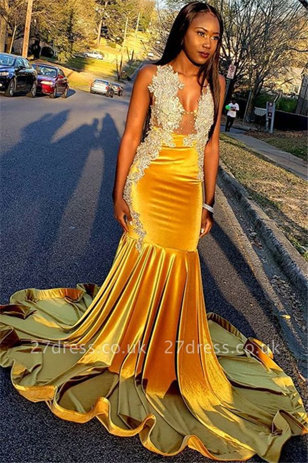 Simple Sexy Yellow Velvet Alluring V-Neck without Sleeve Elegant Mermaid Prom Dress UK UK