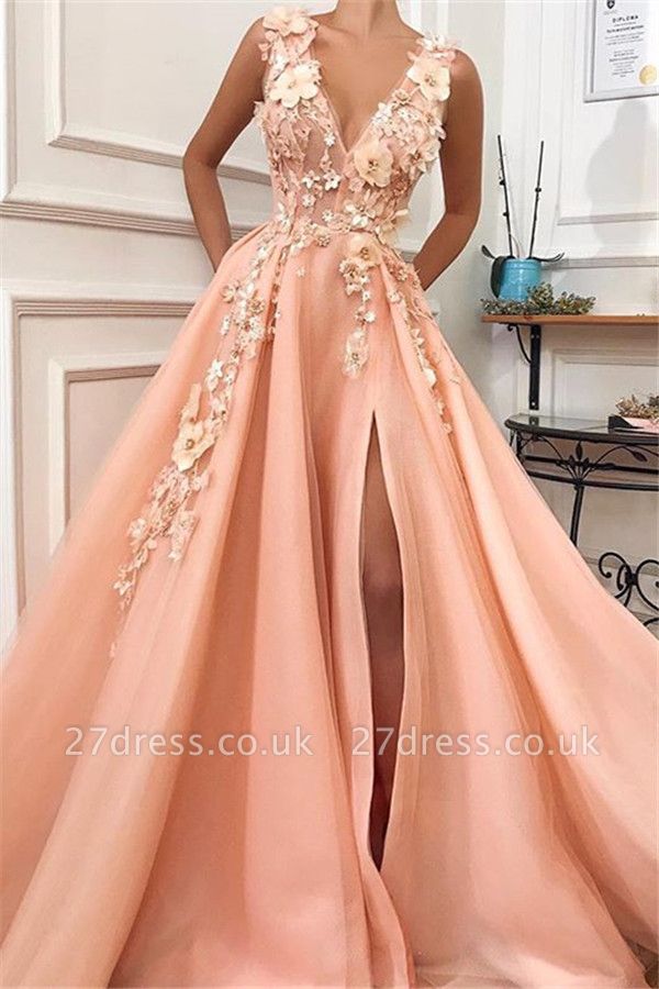 Amazing Straps Alluring V-Neck Flower Lace Appliques A-Line Prom Dress UK UK