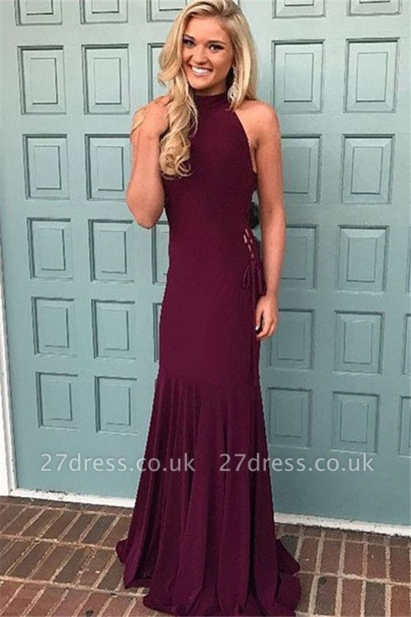 Burgundy Halter Lace Up Prom Dress UKes UK Mermaid Ruffles Elegant Evening Dress UKes UK