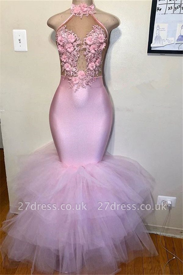 Sexy Pink Halter without Sleeve Flower Lace Appliques Tulle Elegant Mermaid Prom Dress UK UK