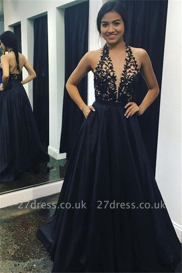 Black Applique Halter Prom Dress UKes UK Sleeveless  Elegant Evening Dress UKes UK with Pocket