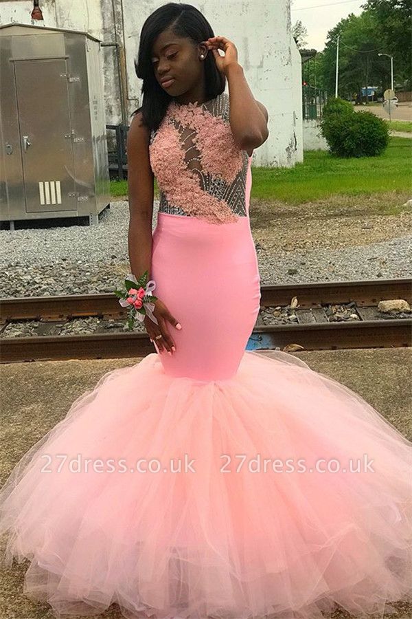 Sweet Pink Sleeveless Lace Appliques Backless Tulle Elegant Trumpt Prom Dress UKes UK UK