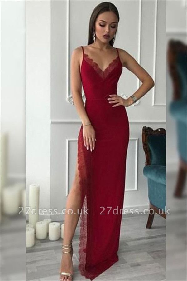 Spaghetti Strap Lace Prom Dress UKes UK Side Slit Sleeveless Elegant Evening Dress UKes UK