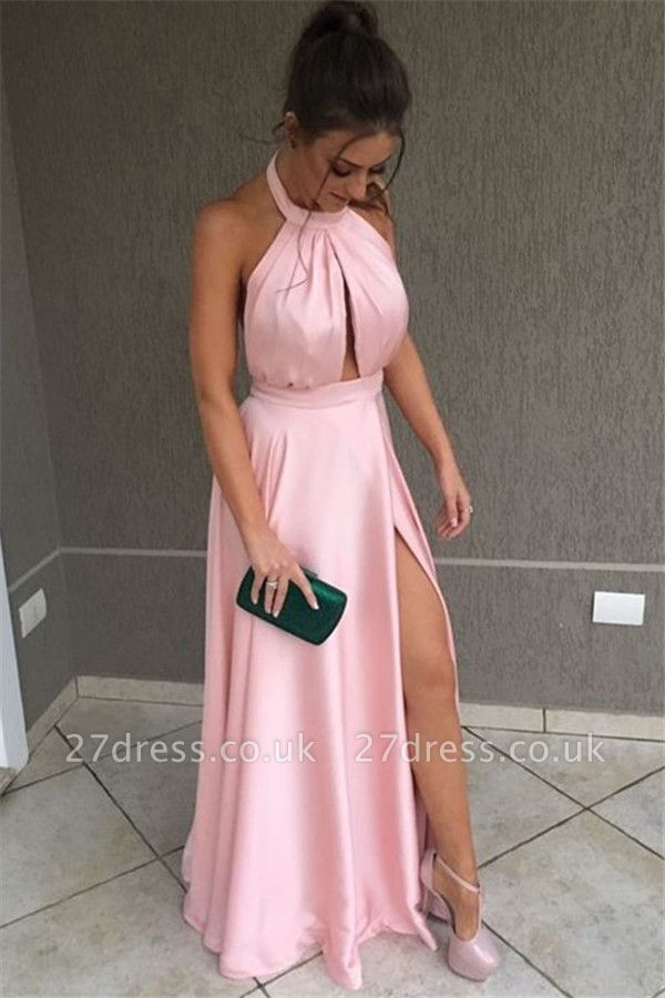 Romactic Pink Halter Side-Slit Prom Dress UKes UK Sexy Sleeveless Elegant Evening Dress UKes UK with Keyhole