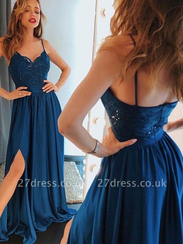 Sexy Spaghetti Strap Lace Appliques Prom Dress UKes UK Open Back Side Slit Sleeveless Evening Dress UKes UK