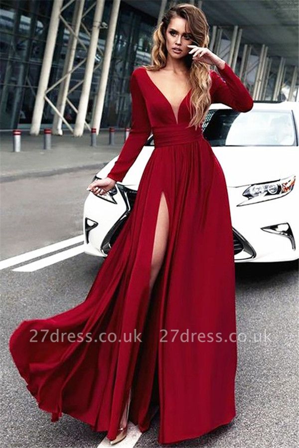 Red Long Sleeves Crystal Prom Dress UKes UK Open Back Side Slit Evening Dress UKes UK with Sash