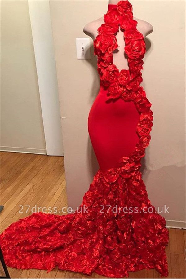 Simple Red Halter Flower without Sleeve Elegant Mermaid Prom Dress UK UK
