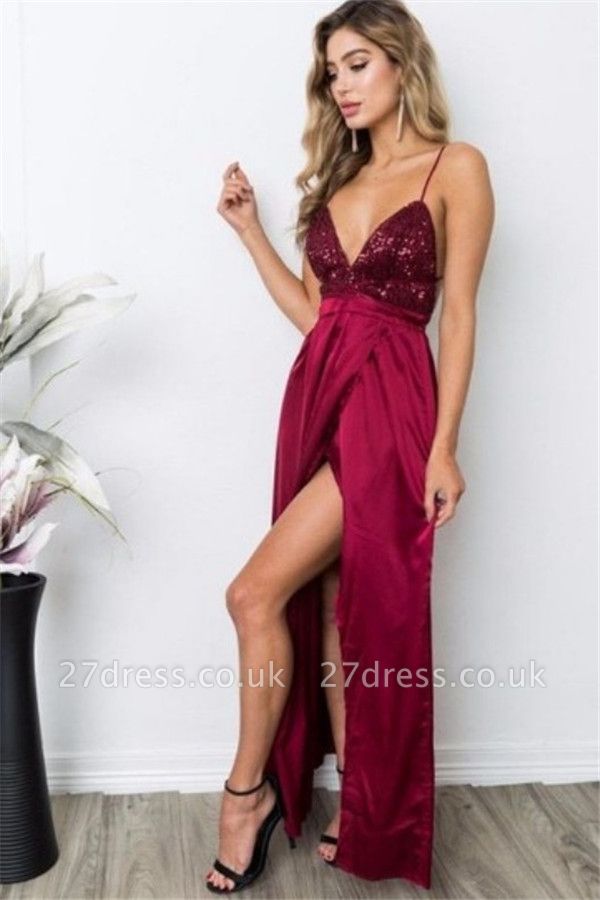 Burgundy Sequins Spaghetti Strap Prom Dress UKes UK Lace Up Sleeveless Side Slit Elegant Evening Dress UKes UK