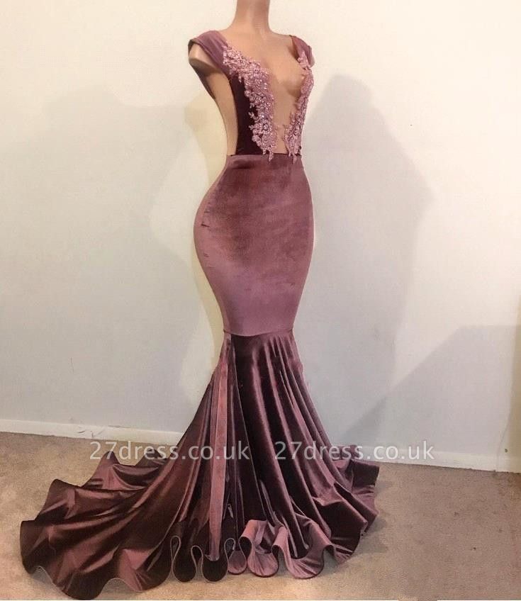 Elegant Mermaid without Sleeve Floor Length Lace Appliques Velvet Prom Dress UK UKes UK