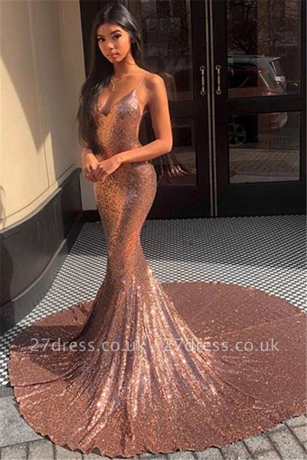 Amazing Spaghetti-Straps Sequins Elegant Mermaid Prom Dress UK UK