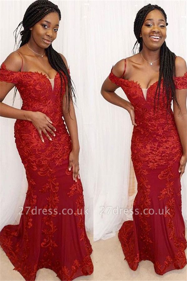 Red Off-the-Shoulder Applique Prom Dress UKes UK Mermaid Sleeveless Elegant Evening Dress UKes UK