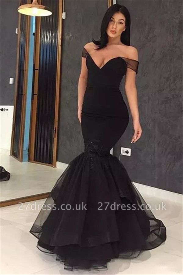 Black Off-the-Shoulder Applique Prom Dress UKes UK Ruffles Mermaid Elegant Evening Dress UKes UK